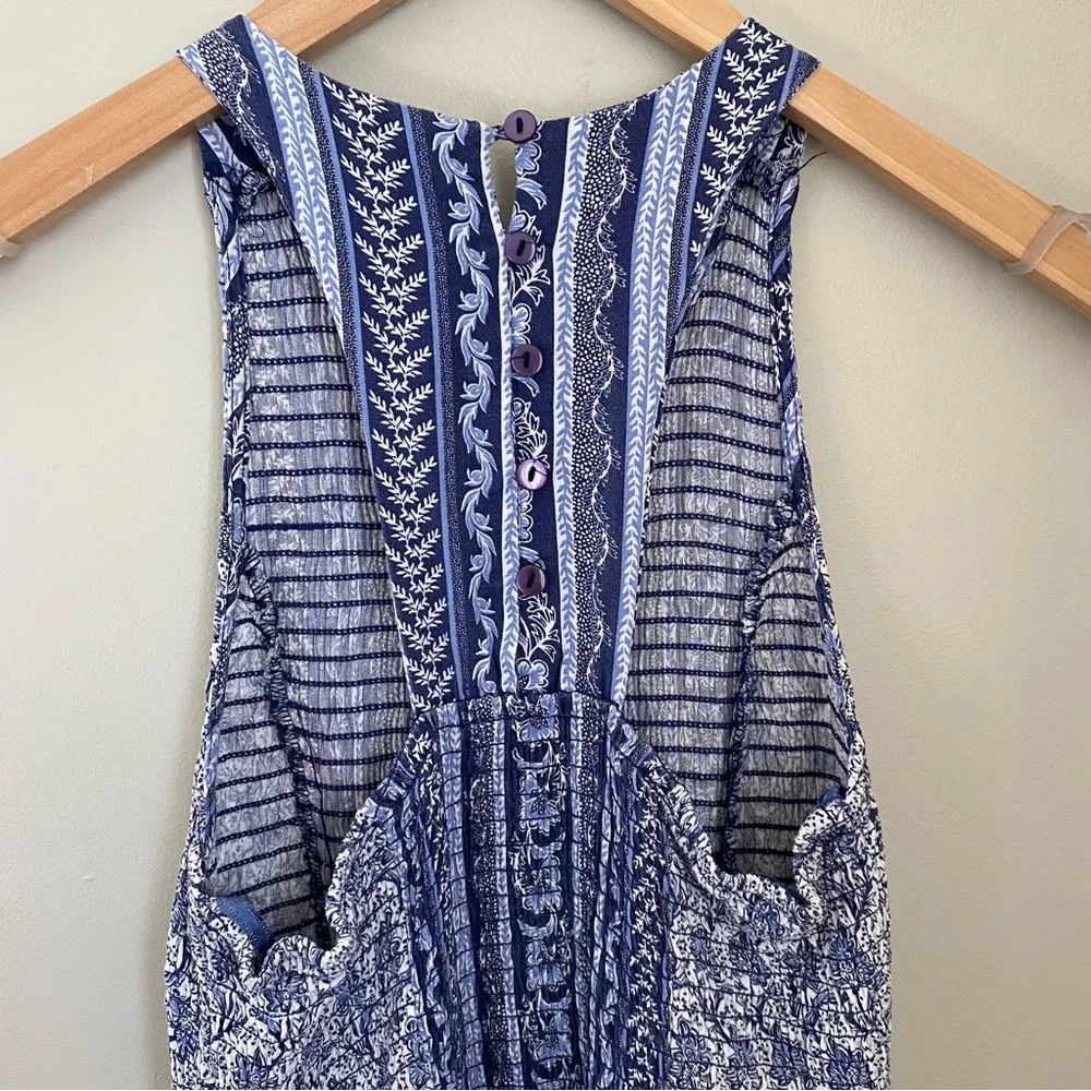 House of Harlow 1960 Smocked Maxi Dress Blue Print Size XS Resortwear Boho Beach - Picture 7 of 10